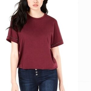 Carbon Copy Cropped Rhinestone-Embellished T-Shirt in Burgundy. XS
